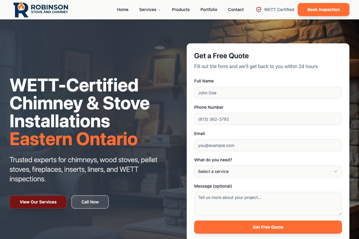 Robinson Stove & Chimney website screenshot